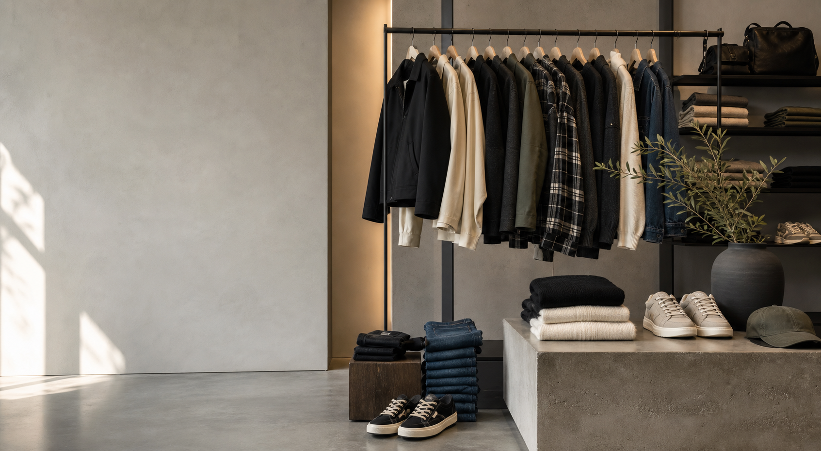 Styled clothing rack in a modern studio